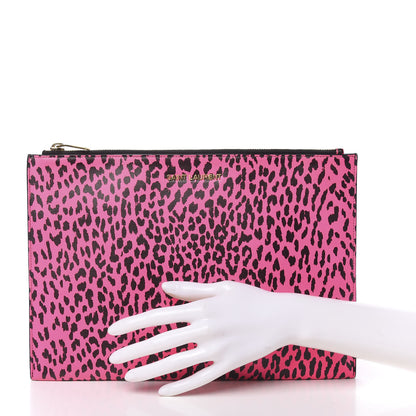 Saint Laurent Calfskin Baby Cat Print Medium Zip Clutch Hot Pink 2 of 14