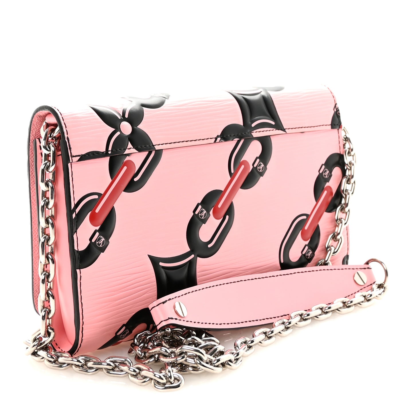 Epi Chain Flower Print Twist Chain Wallet Pink
