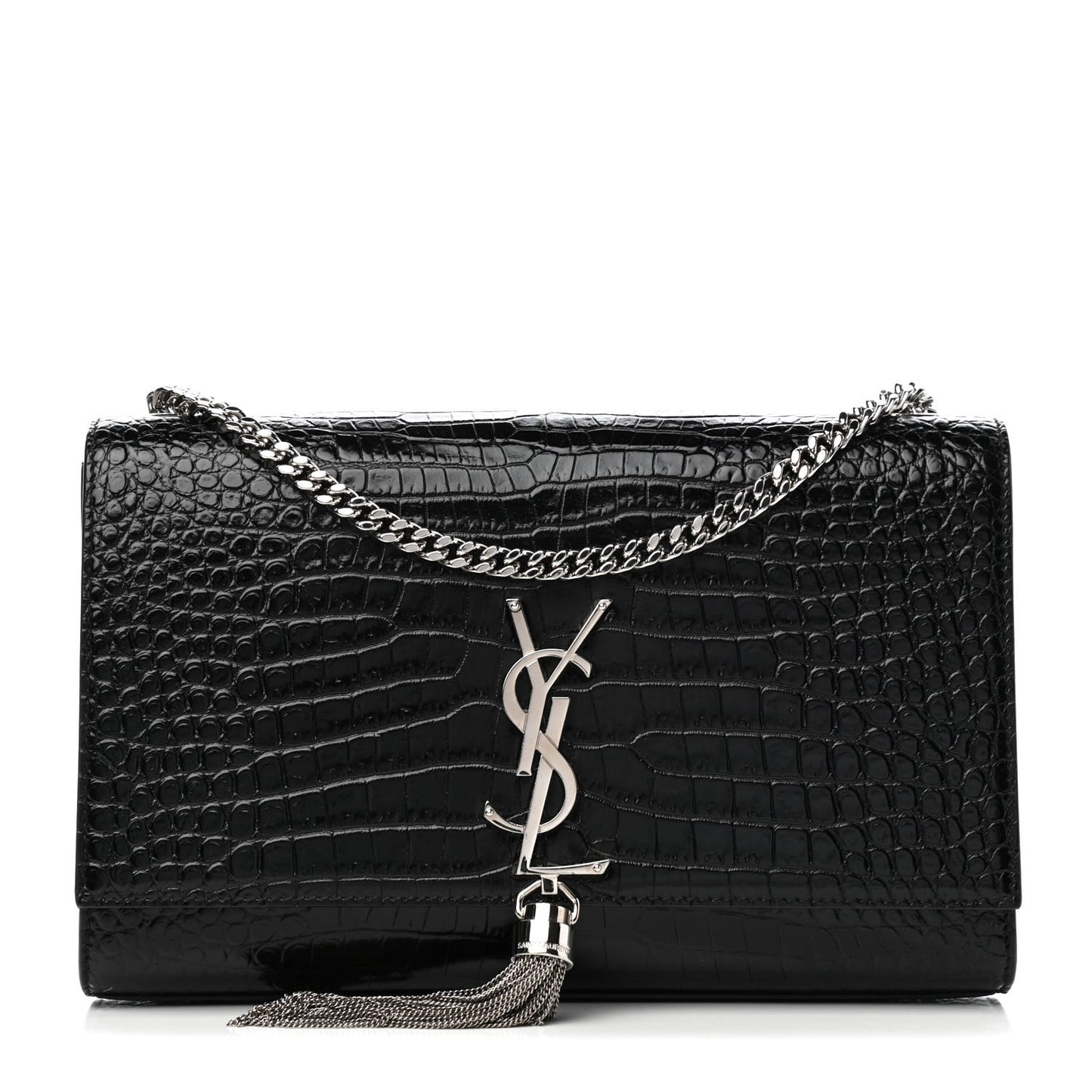 Calfskin Crocodile Embossed Medium Classic Monogram Kate Tassel Satchel Black