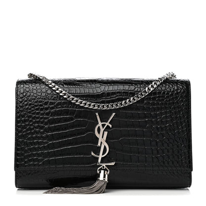 Saint Laurent Calfskin Crocodile Embossed Medium Classic Monogram Kate Tassel Satchel Black 1 of 9