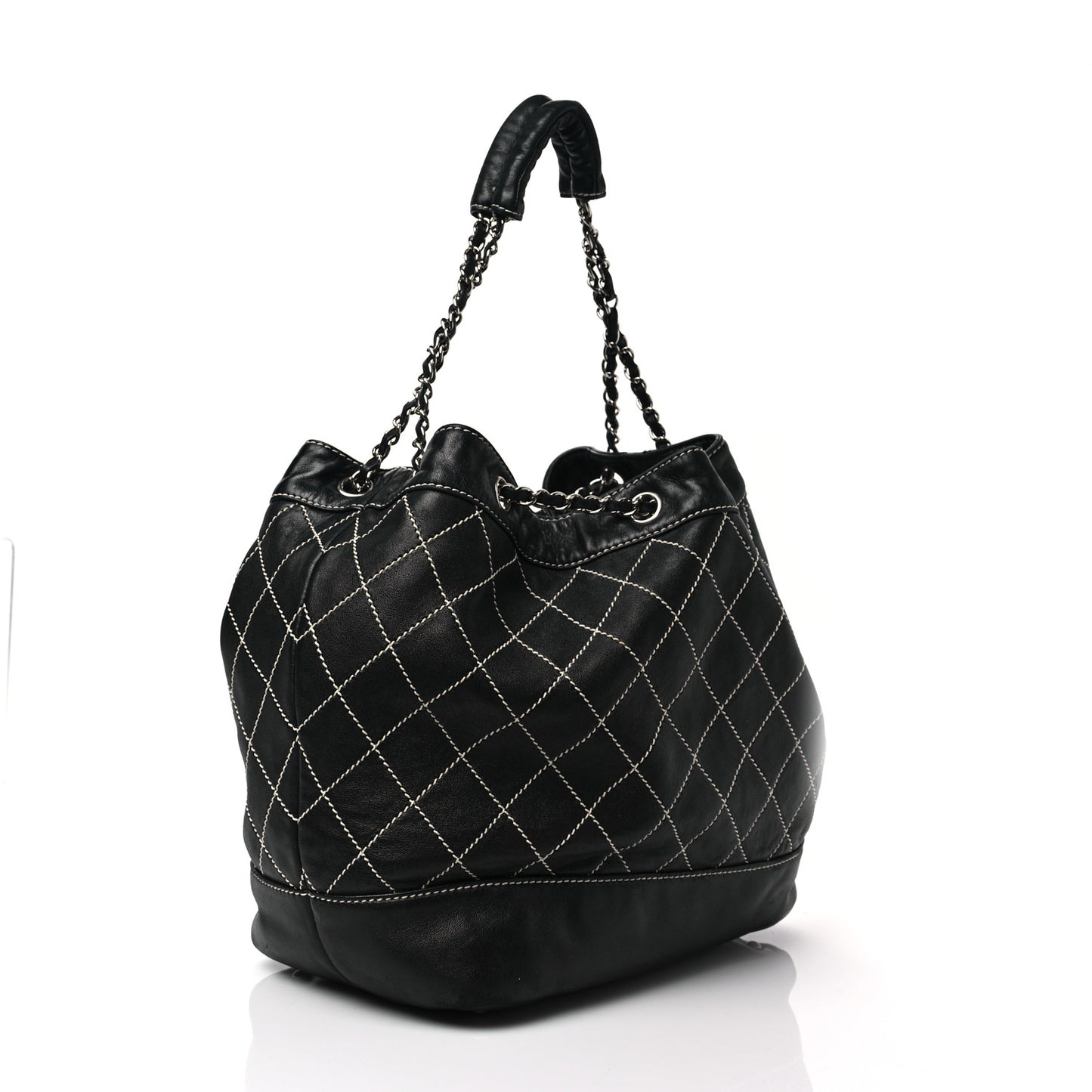 Lambskin Contrast Stitch Large Drawstring Tote Black
