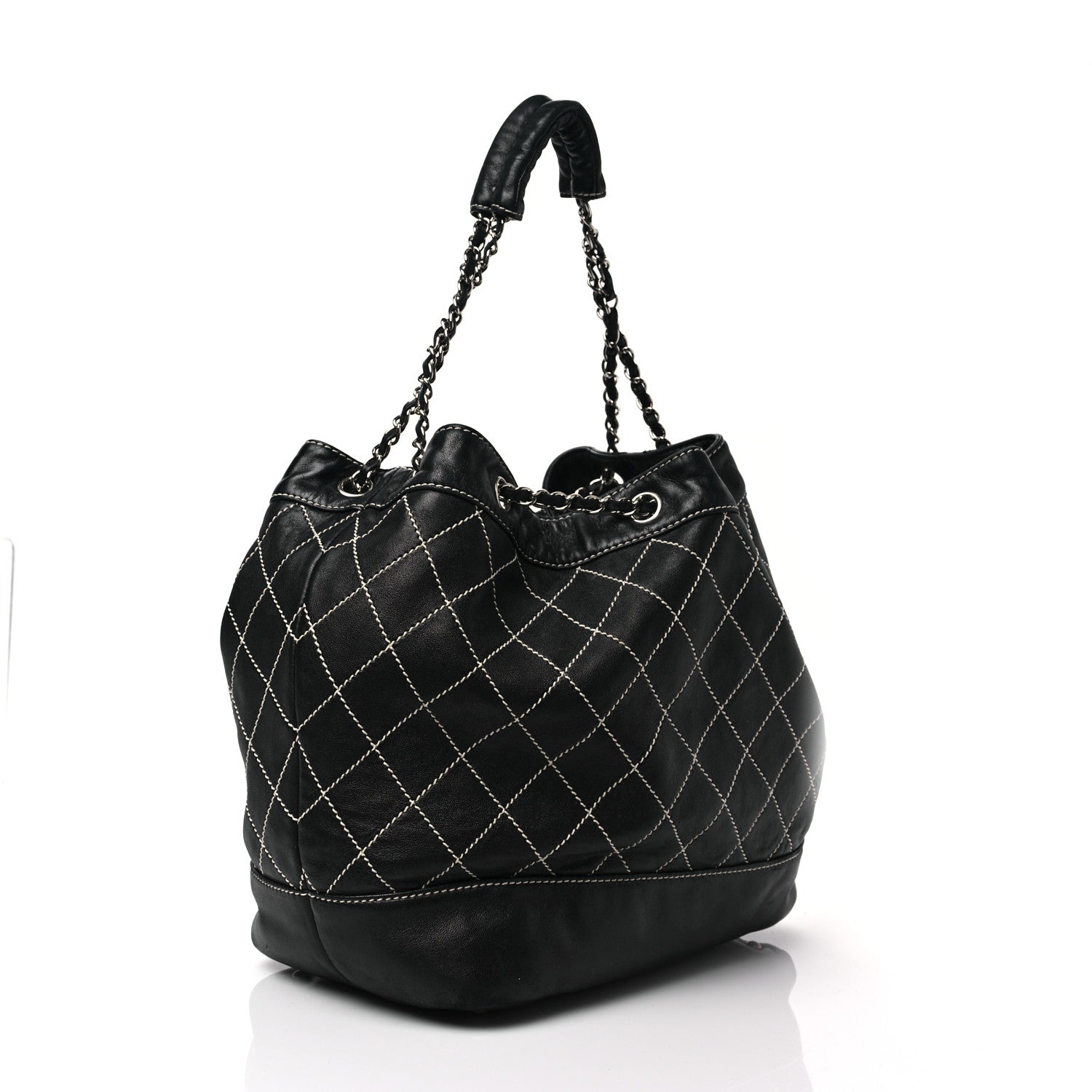 Chanel Lambskin Contrast Stitch Large Drawstring Tote Black 3 of 7