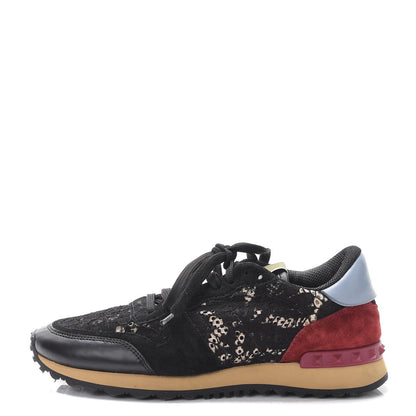 Valentino Garavani Calfskin Suede Macrame Lace Rockstud Sneakers 39.5 Black 1 of 10