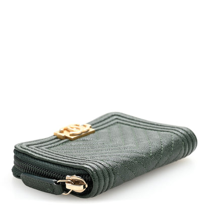 Chanel Caviar Chevron Quilted Boy Zip Around Coin Purse Wallet Dark Green 4 of 8