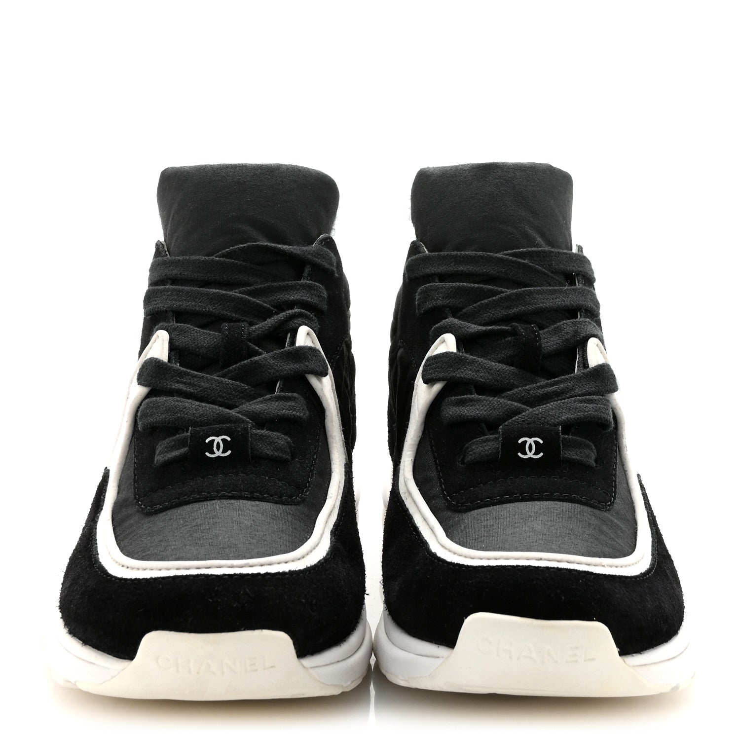 Chanel Fabric Calfskin Suede CC Sneakers 36.5 Black White 3 of 10