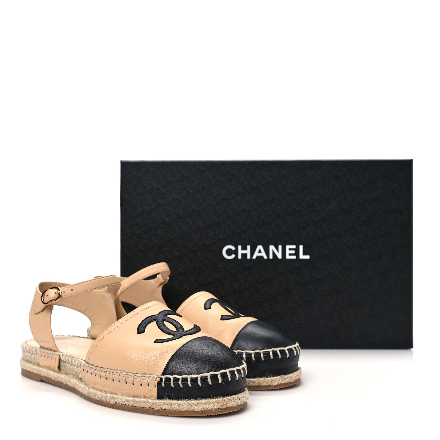 Chanel Lambskin Cap Toe CC Espadrille Sandals 38 Beige Black 8 of 8