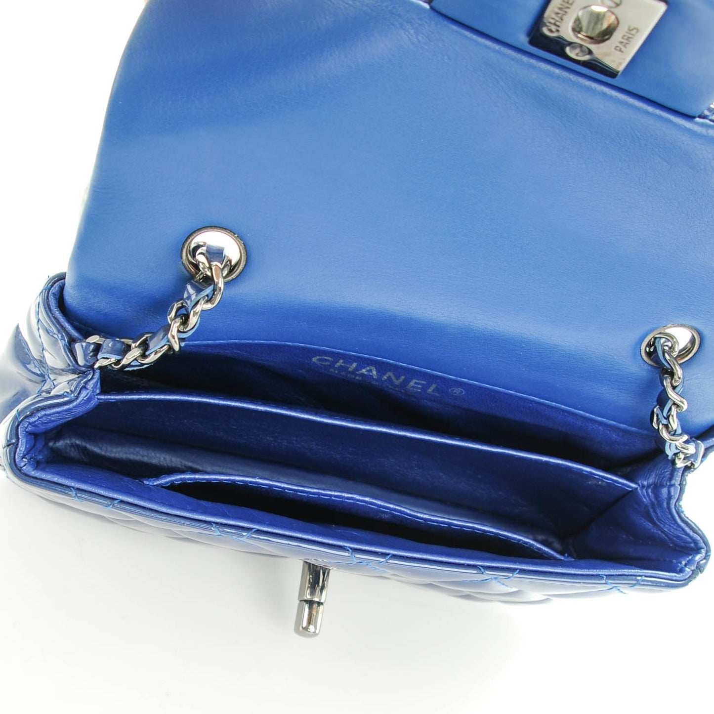 Patent Calfskin Quilted Mini Rectangular Flap Blue