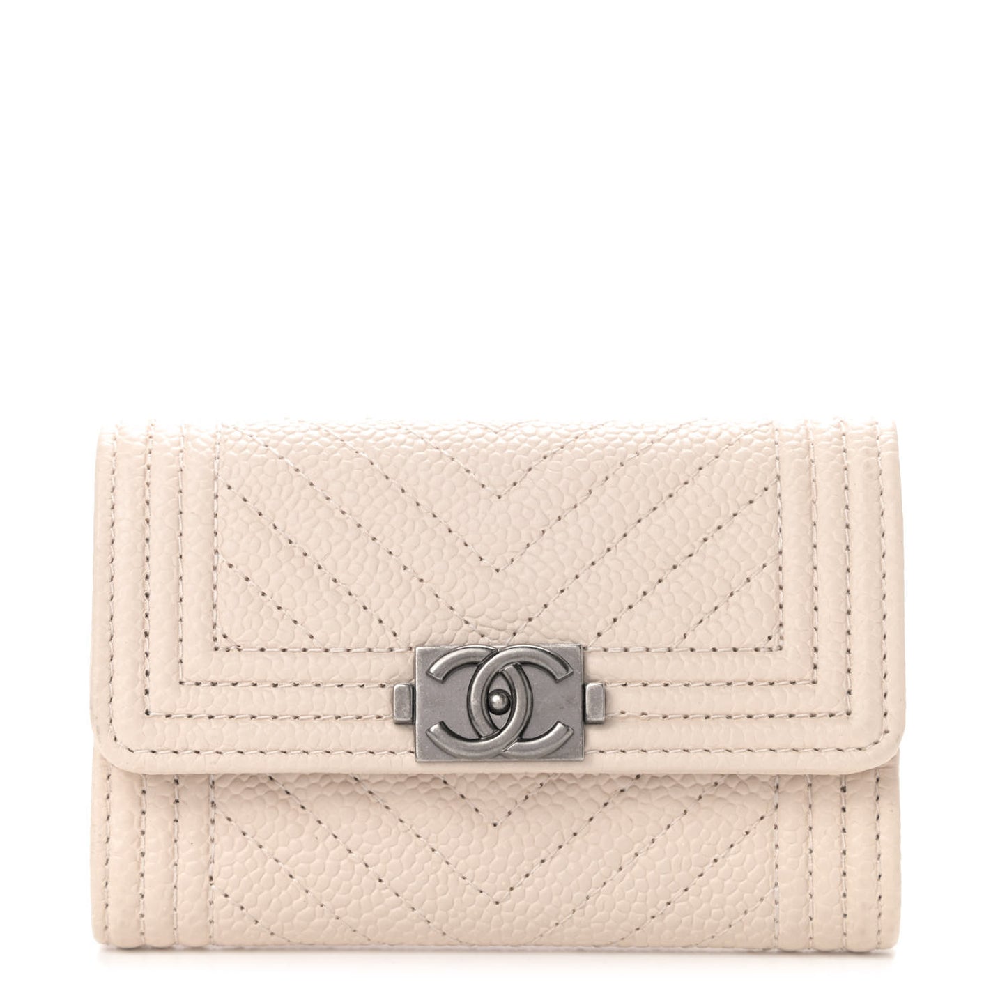 Caviar Chevron Quilted Boy Card Holder Light Beige