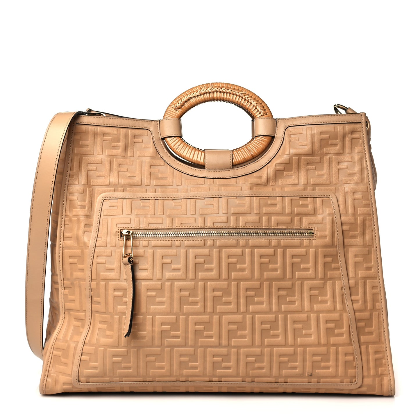 Vitello Cristallo Nature Wicker FF 1974 Embossed Large Runaway Shopper Tote Makeup