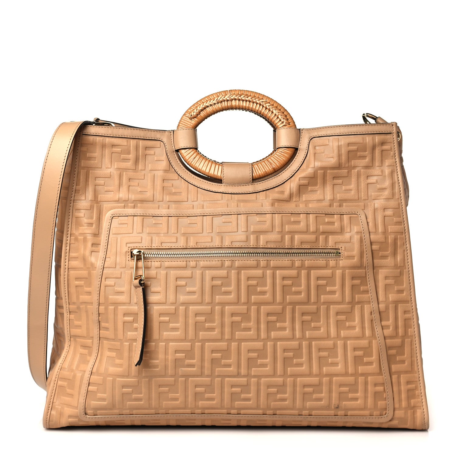 Fendi Vitello Cristallo Nature Wicker FF 1974 Embossed Large Runaway Shopper Tote Makeup 1 of 10