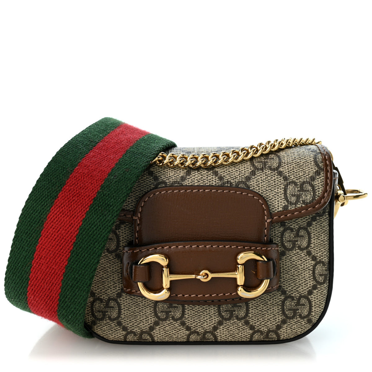GG Supreme Monogram Azalea Calfskin Web Horsebit 1955 Wallet On Strap Beige Ebony Brown Sugar