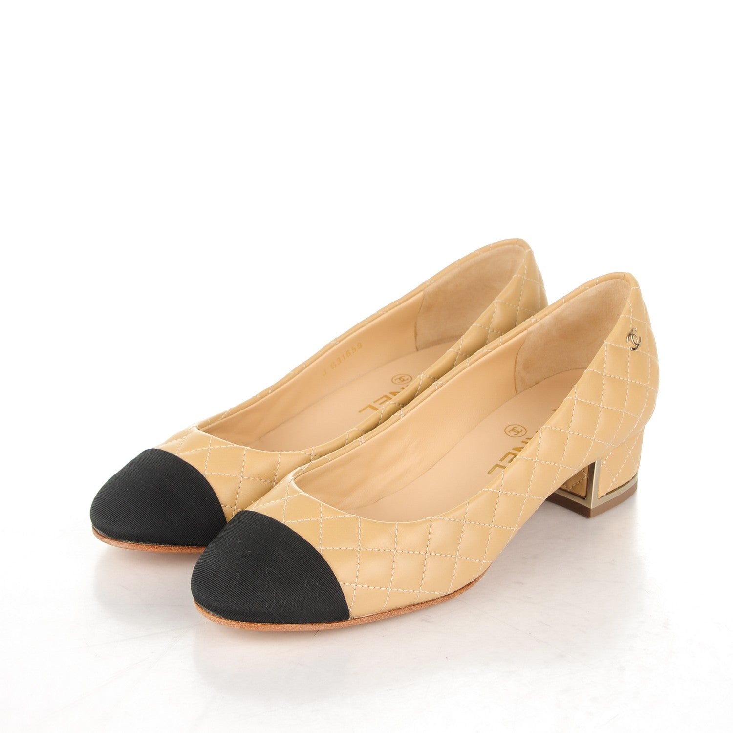 Chanel Calfskin Grosgrain Quilted CC Cap Toe Low Heel Pumps 36 Beige Black 3 of 7