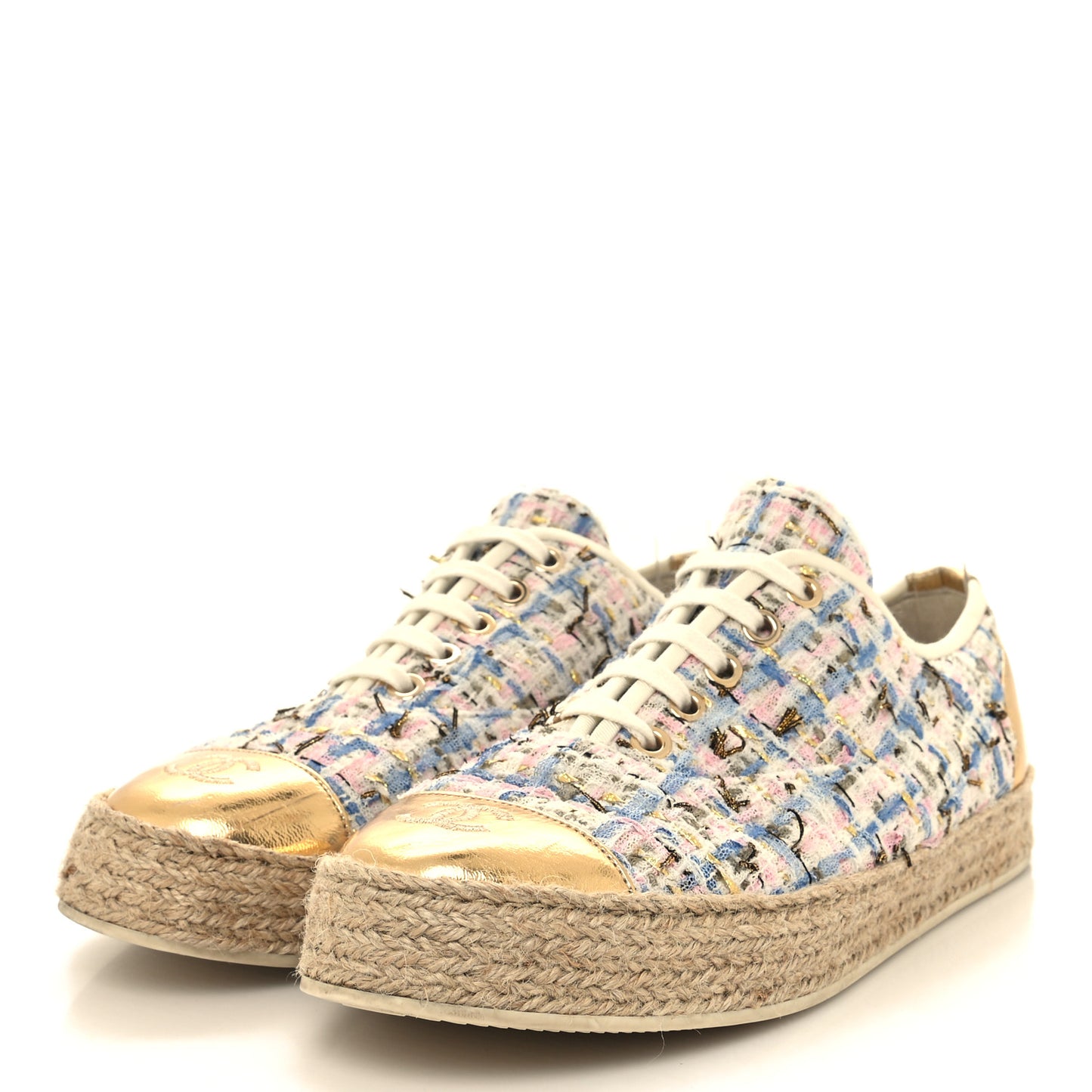 Tweed Laminated Lambskin Lace Up Espadrilles 39 Pink Blue Gold White