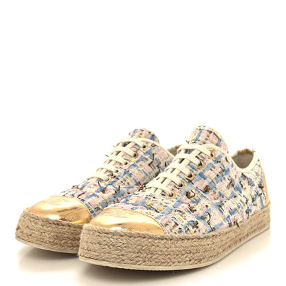 Chanel Tweed Laminated Lambskin Lace Up Espadrilles 39 Pink Blue Gold White 3 of 9