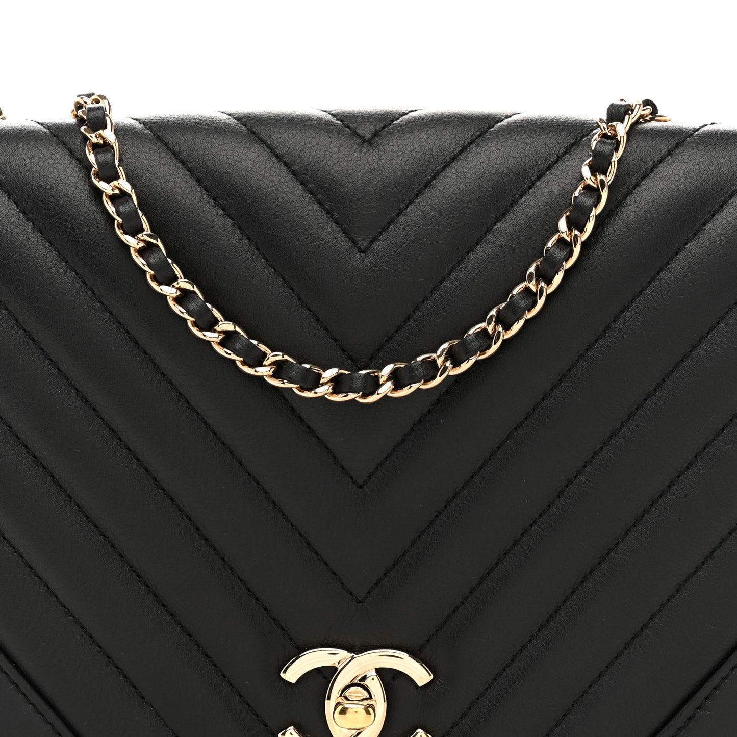 Calfskin Chevron Quilted Small Statement Flap Black