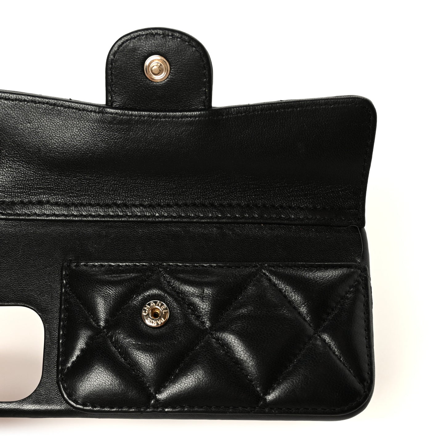 Lambskin Quilted Pearl Crush iPhone XII Pro Holder With Chain Black