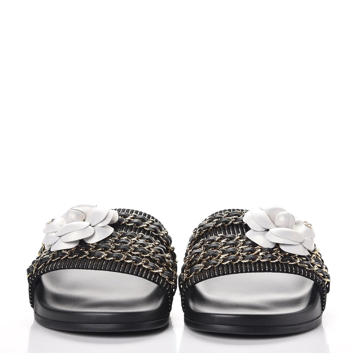 Calfskin Chain Camellia Flat Sandals 38 Black