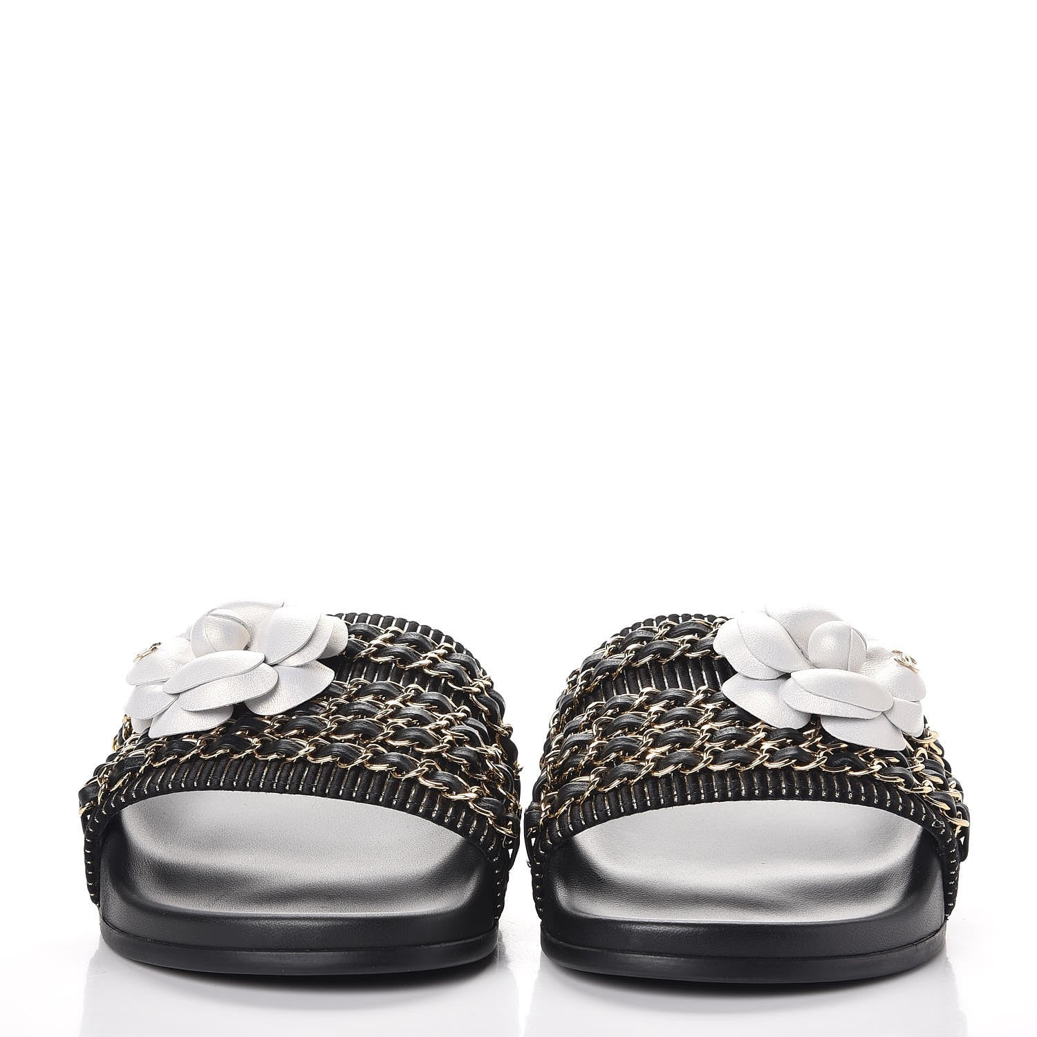 Chanel Calfskin Chain Camellia Flat Sandals 38 Black 2 of 10