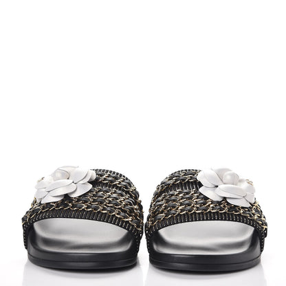 Chanel Calfskin Chain Camellia Flat Sandals 38 Black 2 of 10