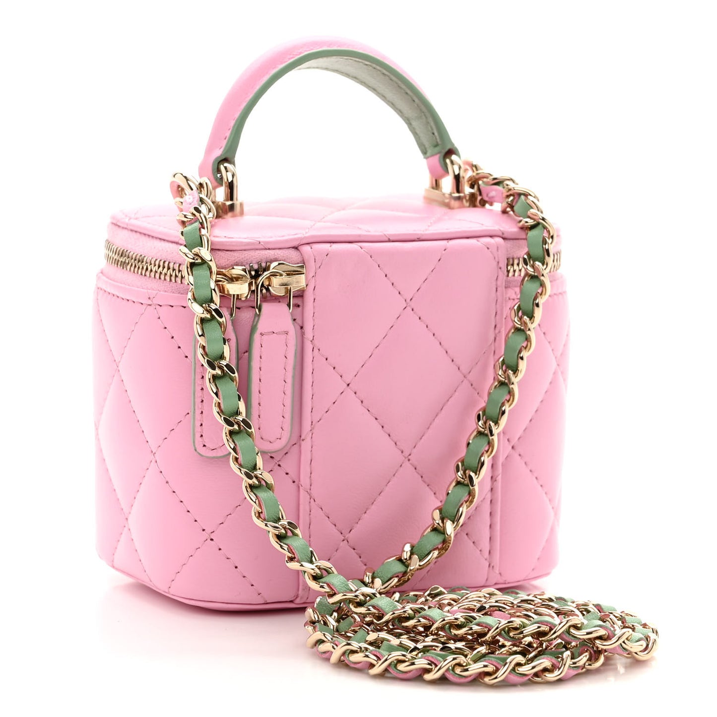 Lambskin Quilted Top Handle Mini Vanity Case With Chain Pink Green