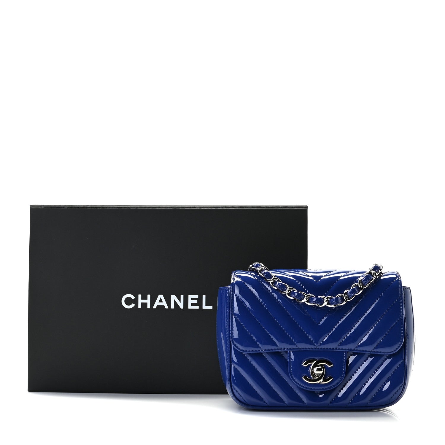 Chanel Patent Chevron Quilted Mini Square Flap Blue 10 of 10