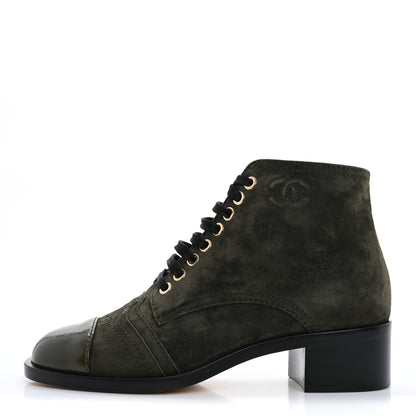 Chanel Suede Patent Cap Toe CC Boots 35.5 Khaki 1 of 10