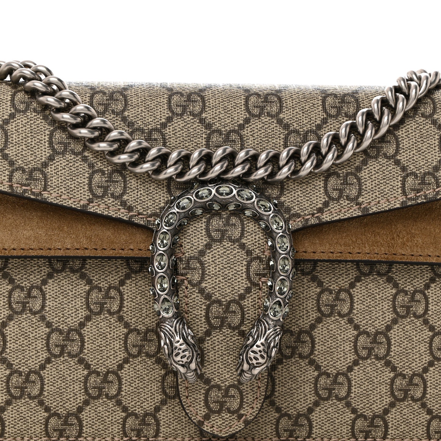 GG Supreme Monogram Suede Crystal Small Dionysus Shoulder Bag Beige Ebony Taupe