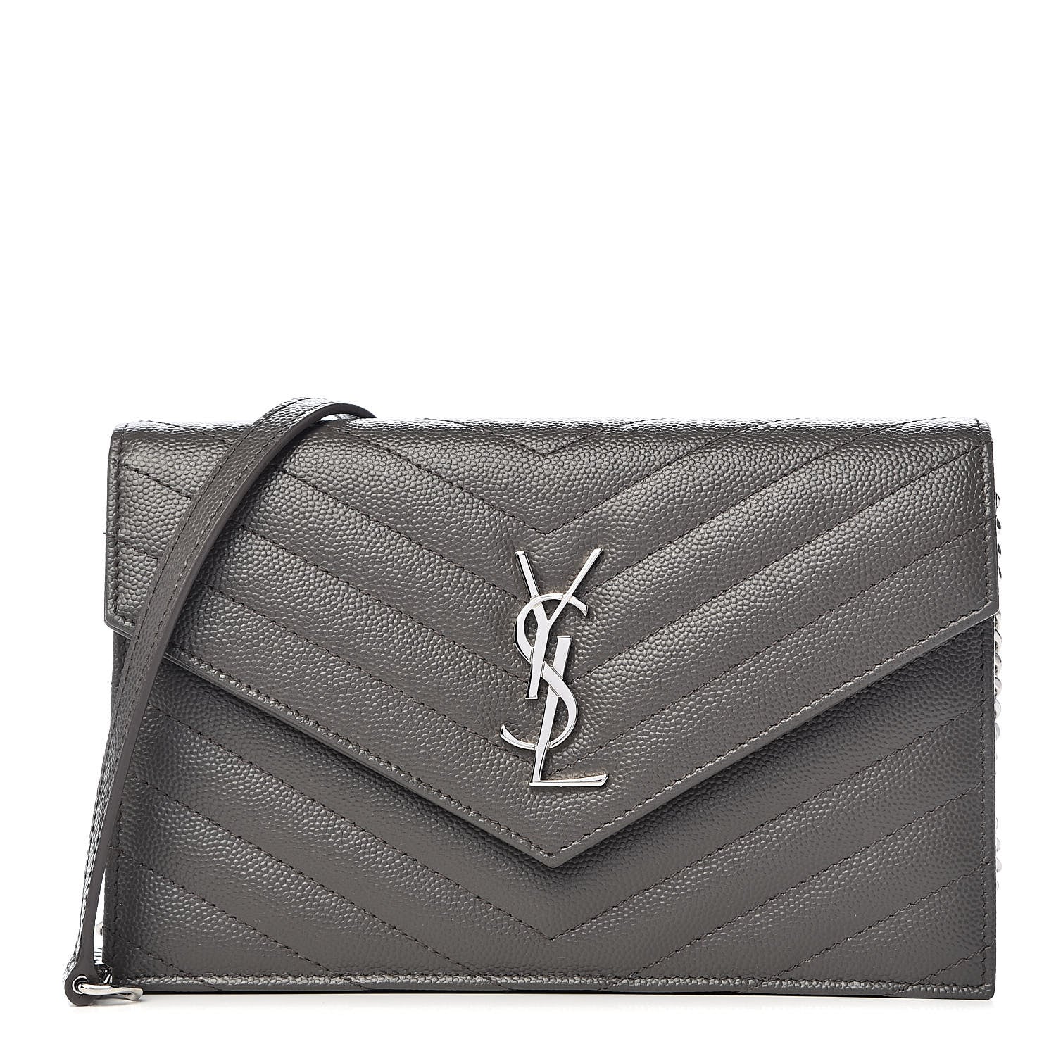Saint Laurent Grain De Poudre Matelasse Chevron Monogram Envelope Chain Wallet Coal 1 of 10