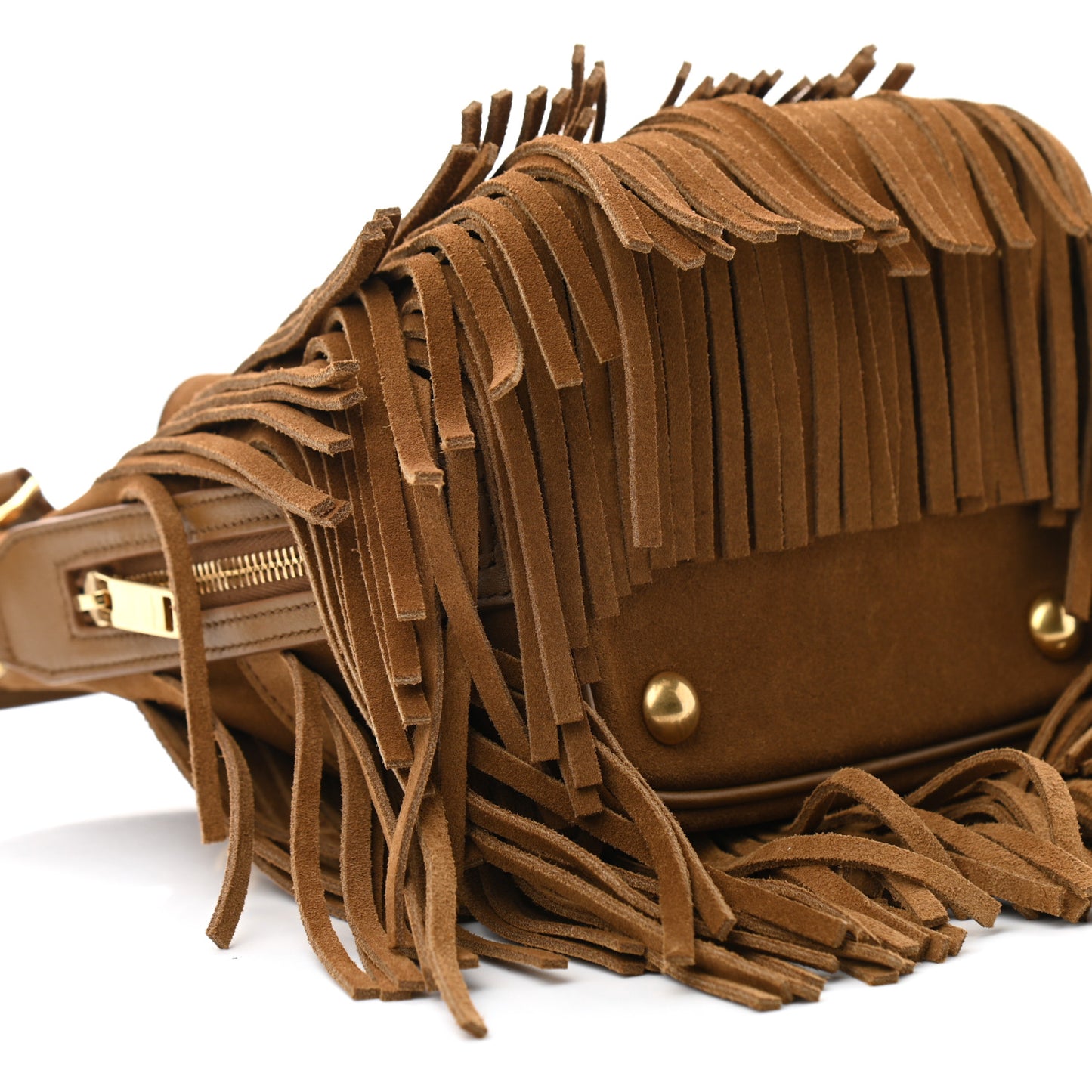 Suede Calfskin Small Emmanuelle Fringe Bucket Bag Light Ocre