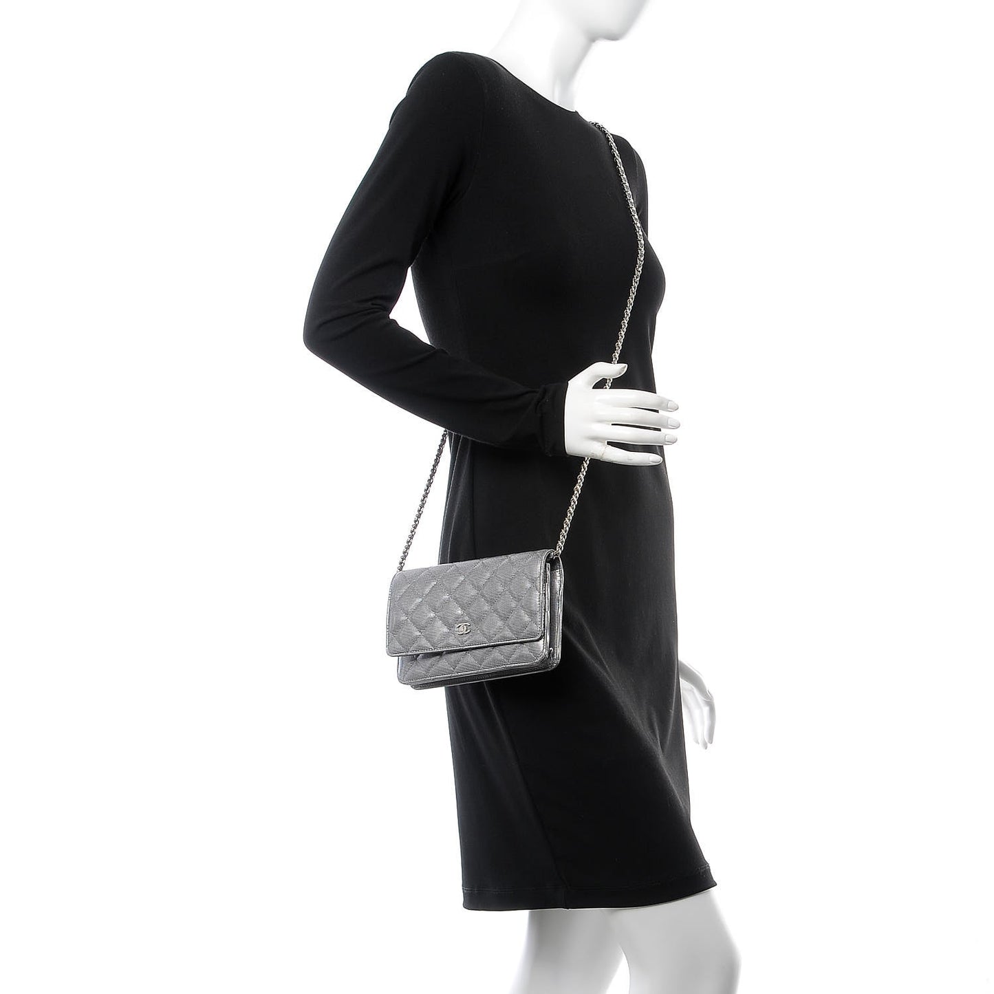 Metallic Calfskin Quilted Pixel Effect Wallet on Chain WOC Silver