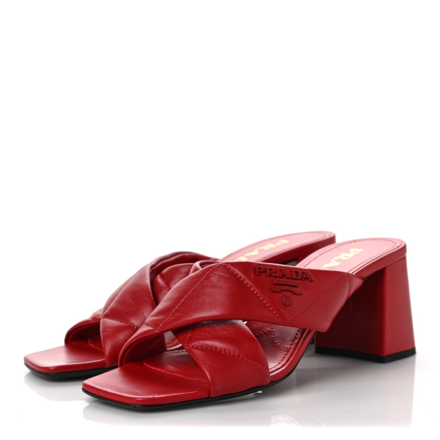 Prada Nappa Logo Quilted Crisscross 65mm Block Heel Slide Sandals 37 Red 3 of 8
