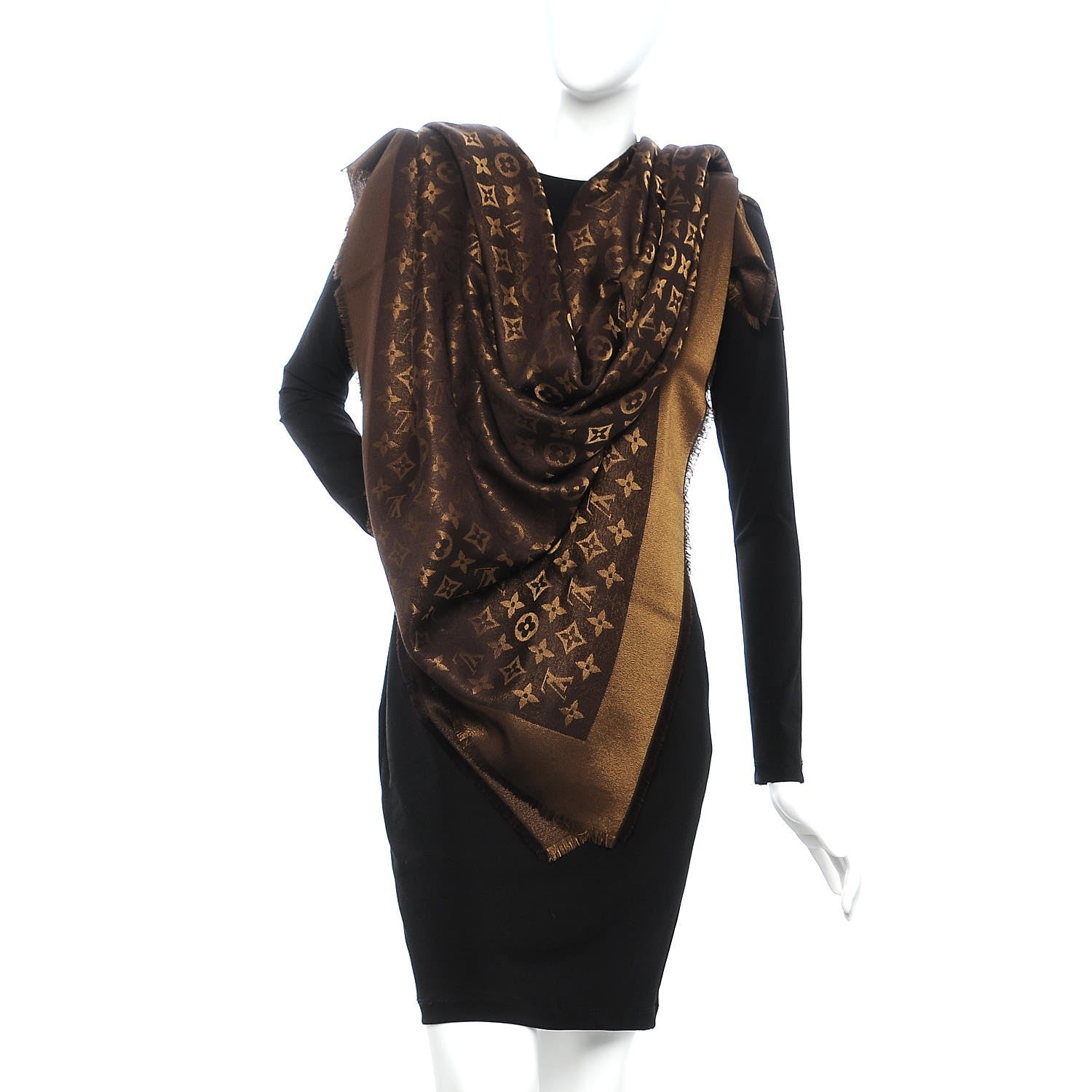 Louis Vuitton Silk Wool Monogram Shine Shawl Brown 2 of 6