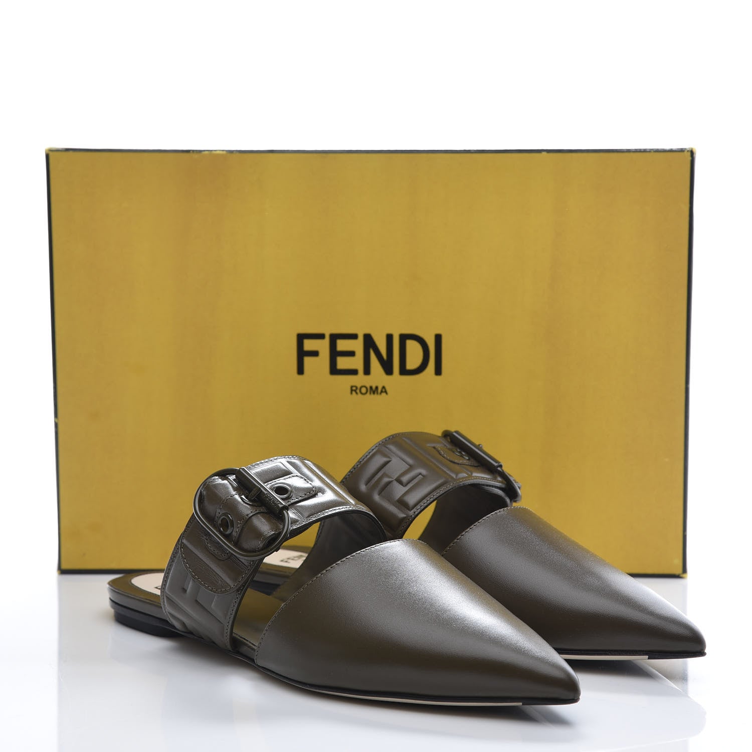 Fendi Vitello FF Embossed Buckle Flat Mules 37.5 Wood 8 of 8