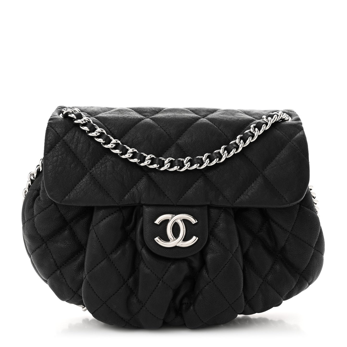 Washed Lambskin Quilted Medium Chain Around Messenger Black