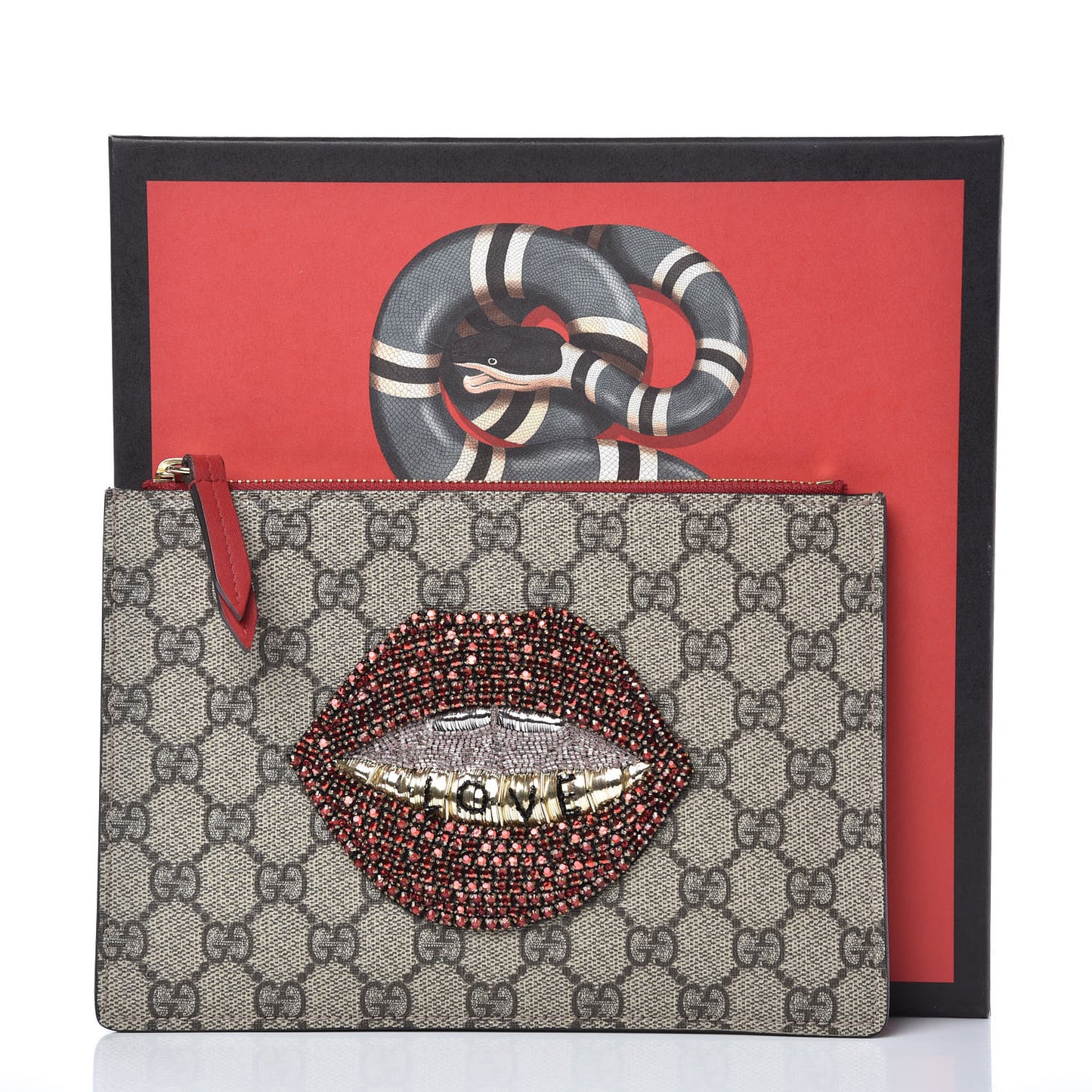 GG Supreme Monogram Merveilles Lips Zip Pouch Hibiscus Red
