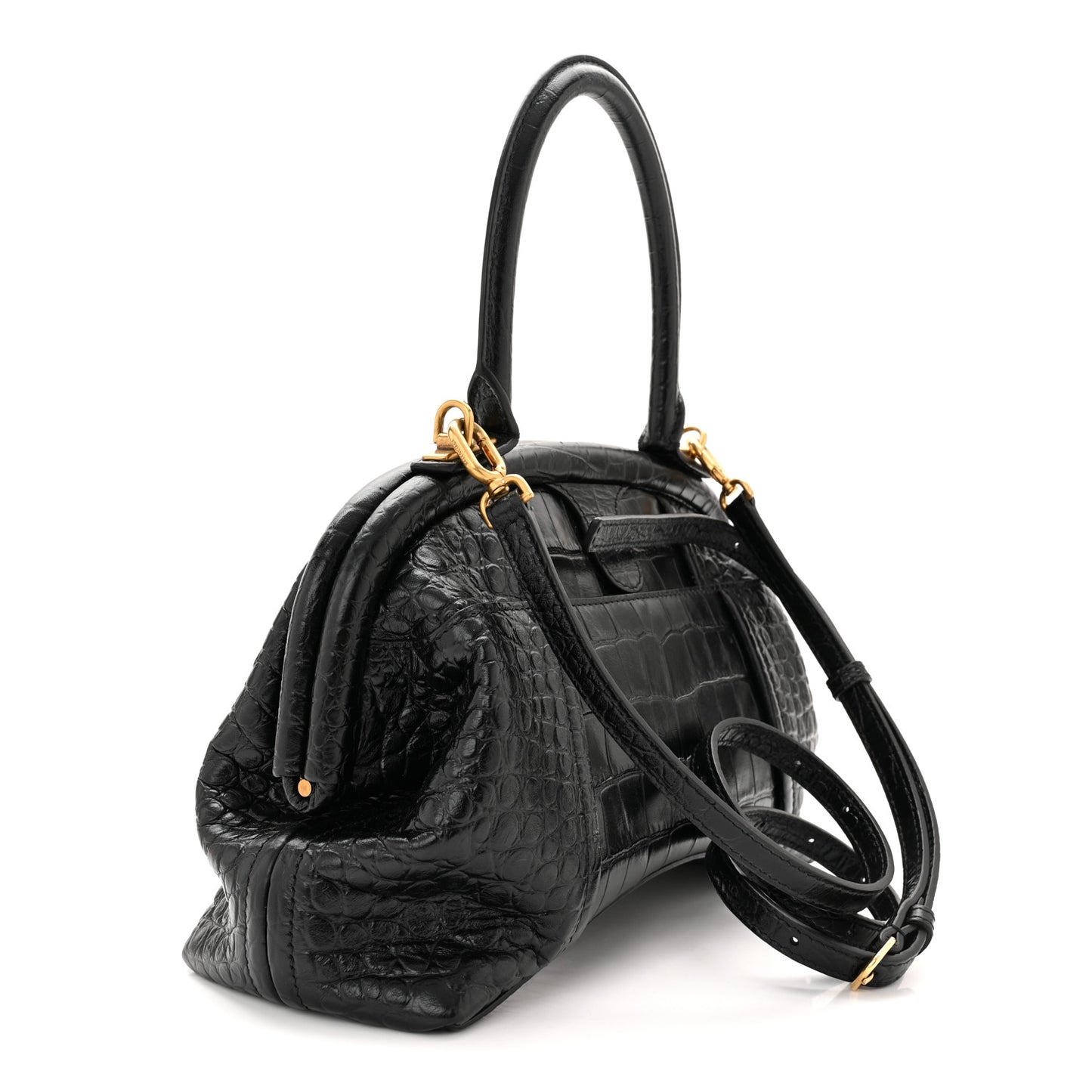 Extra Supple Calfskin Crocodile Embossed Small Editor Bag Black