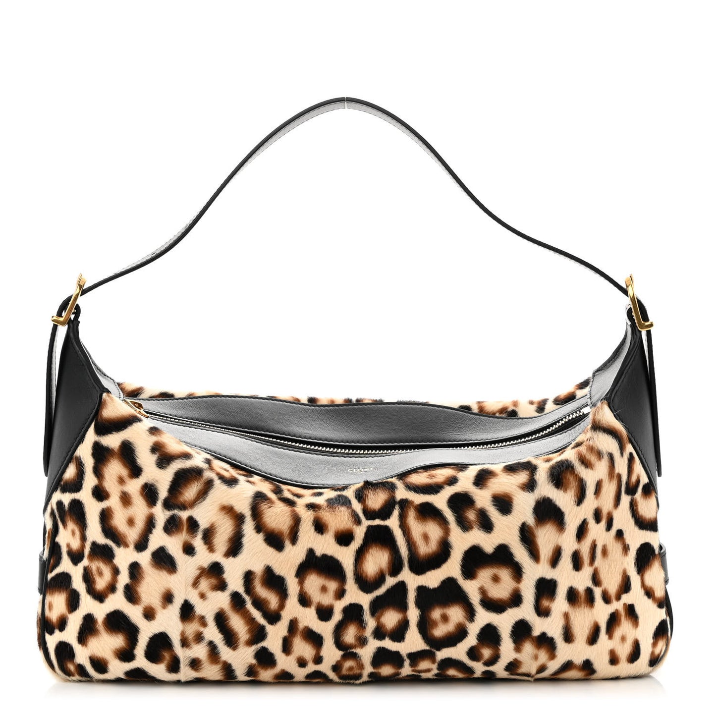 Furry Goatskin Leopard Medium Romy Shoulder Bag Natural Black