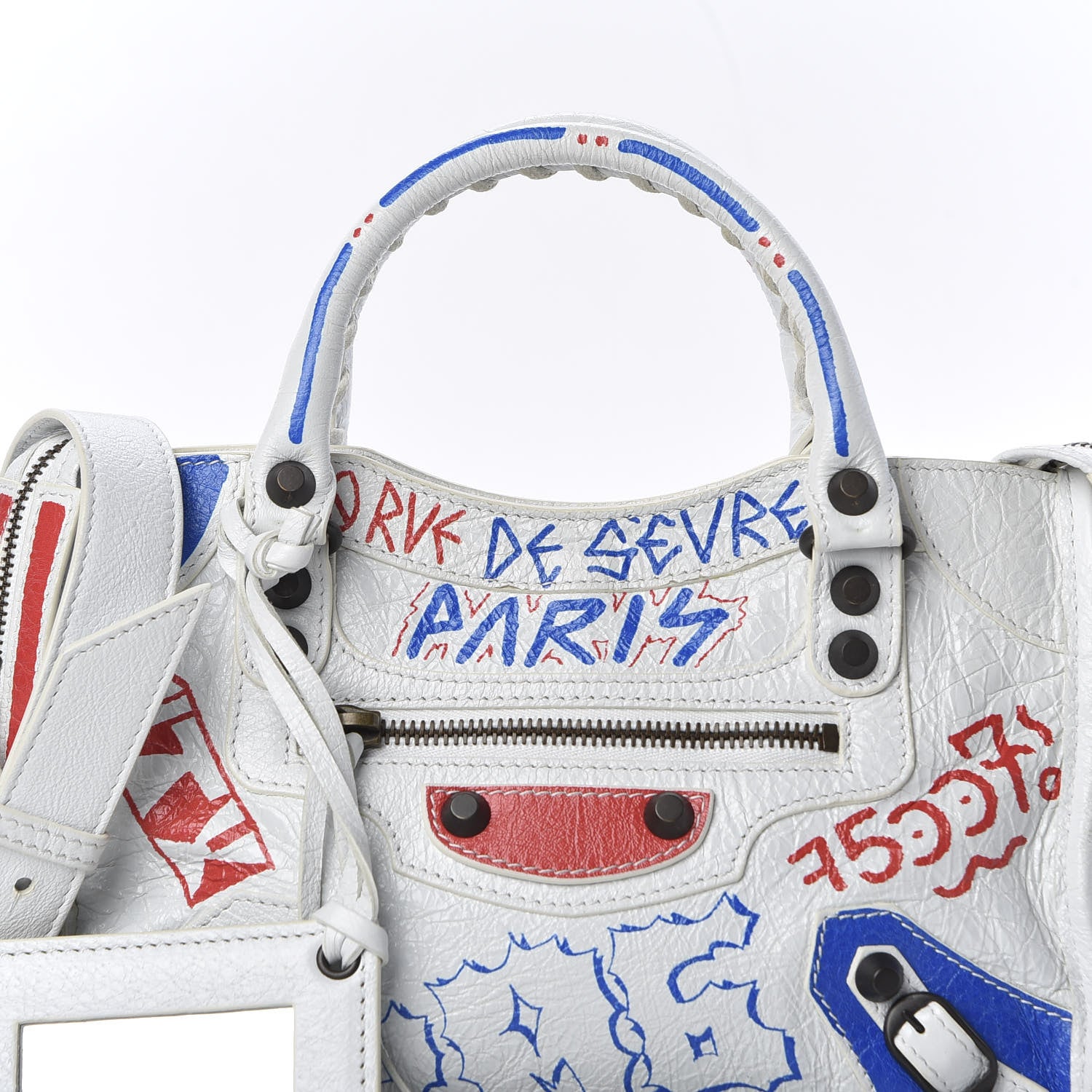 Balenciaga Agneau Graffiti All Over Classic Hardware Mini City White Bleu Rouge 9 of 9