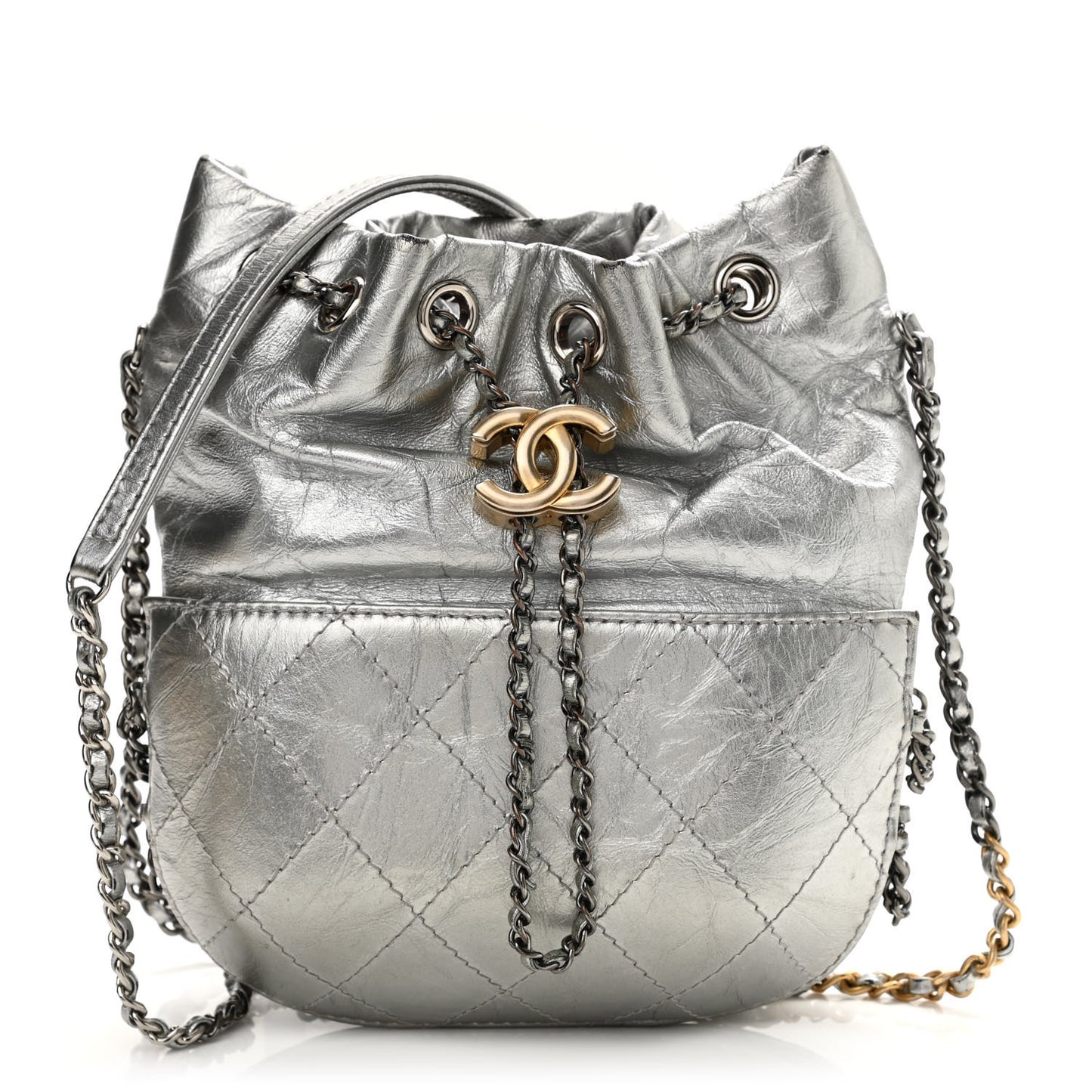 Metallic Aged Calfskin Quilted Small Gabrielle Bucket Silver