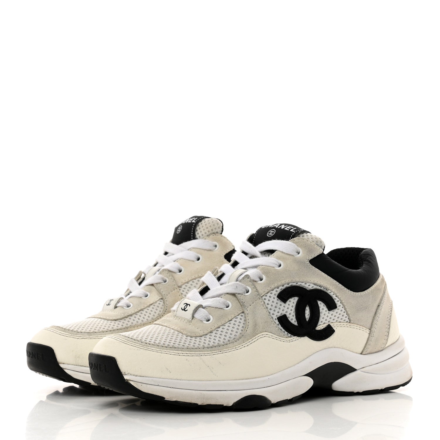 Chanel Mesh Suede Calfskin Grained Calfskin Womens CC Sneakers 38 White Black 3 of 8