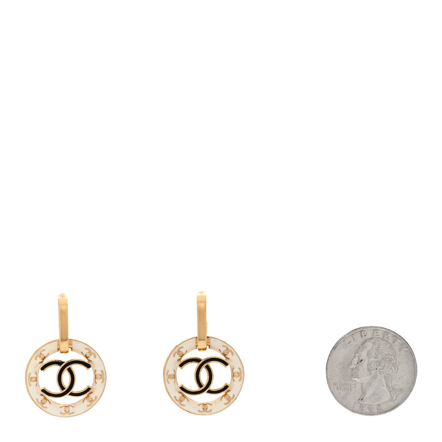 Metal Enamel CC Round Drop Earrings Gold Black White