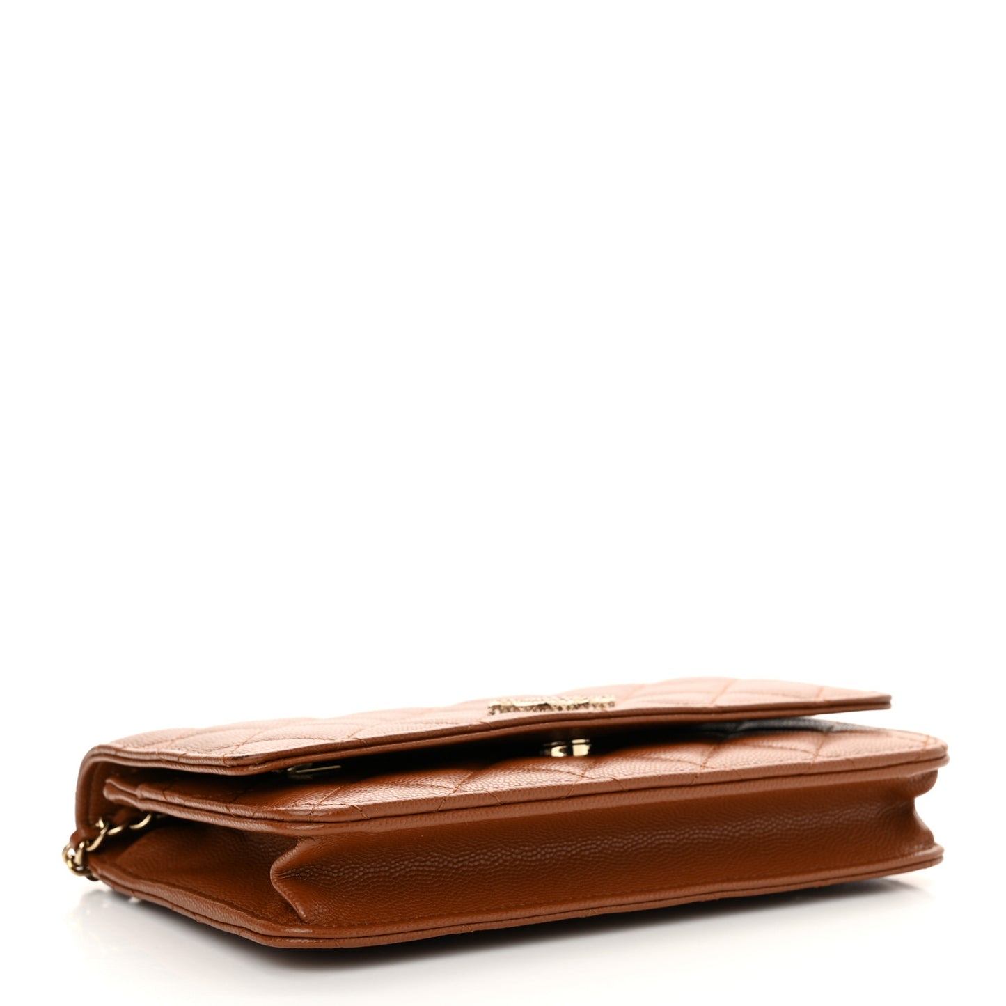 Shiny Caviar Quilted Strass Wallet On Chain WOC Light Brown