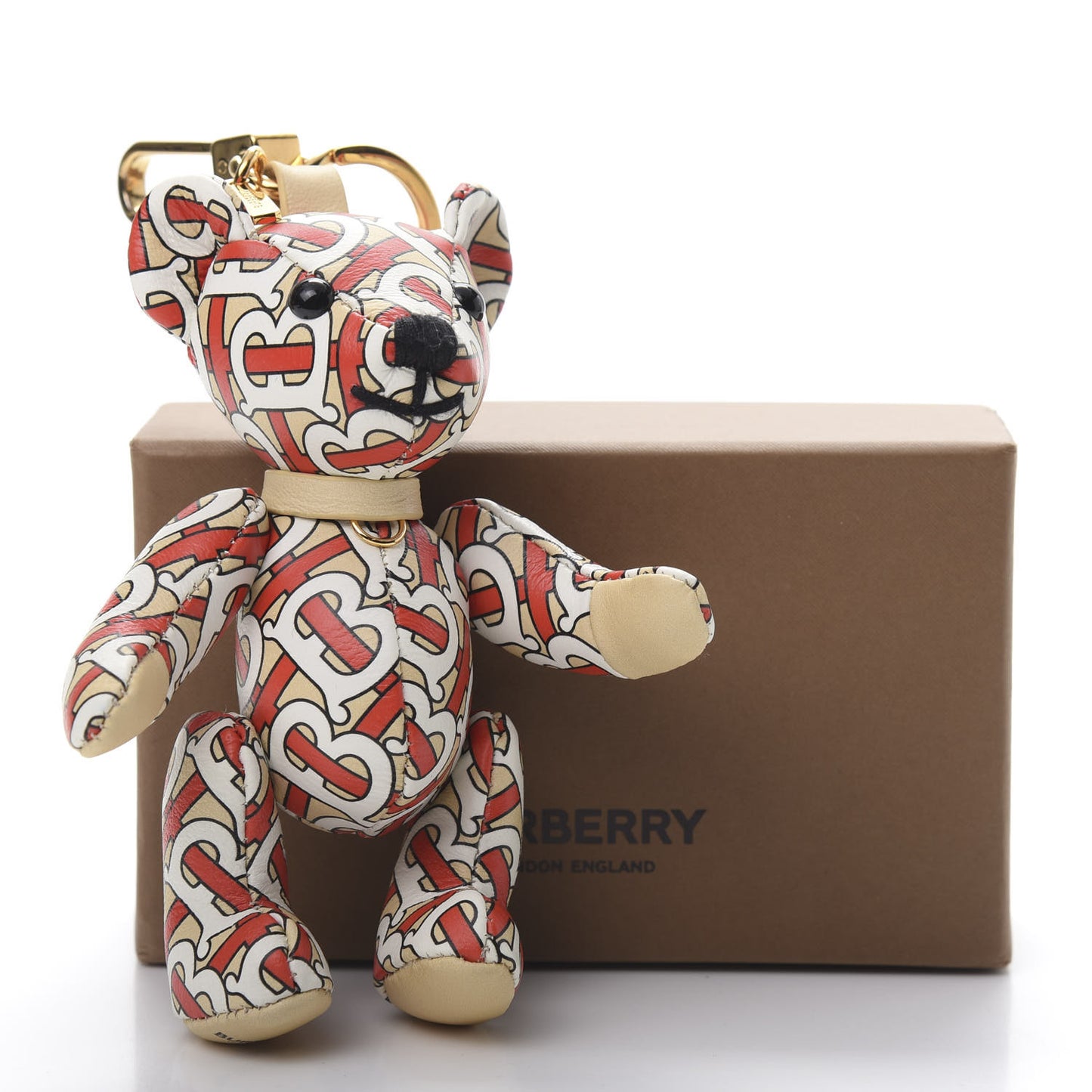 Calfskin Print Monogram Thomas Bear Bag Charm Beige Red