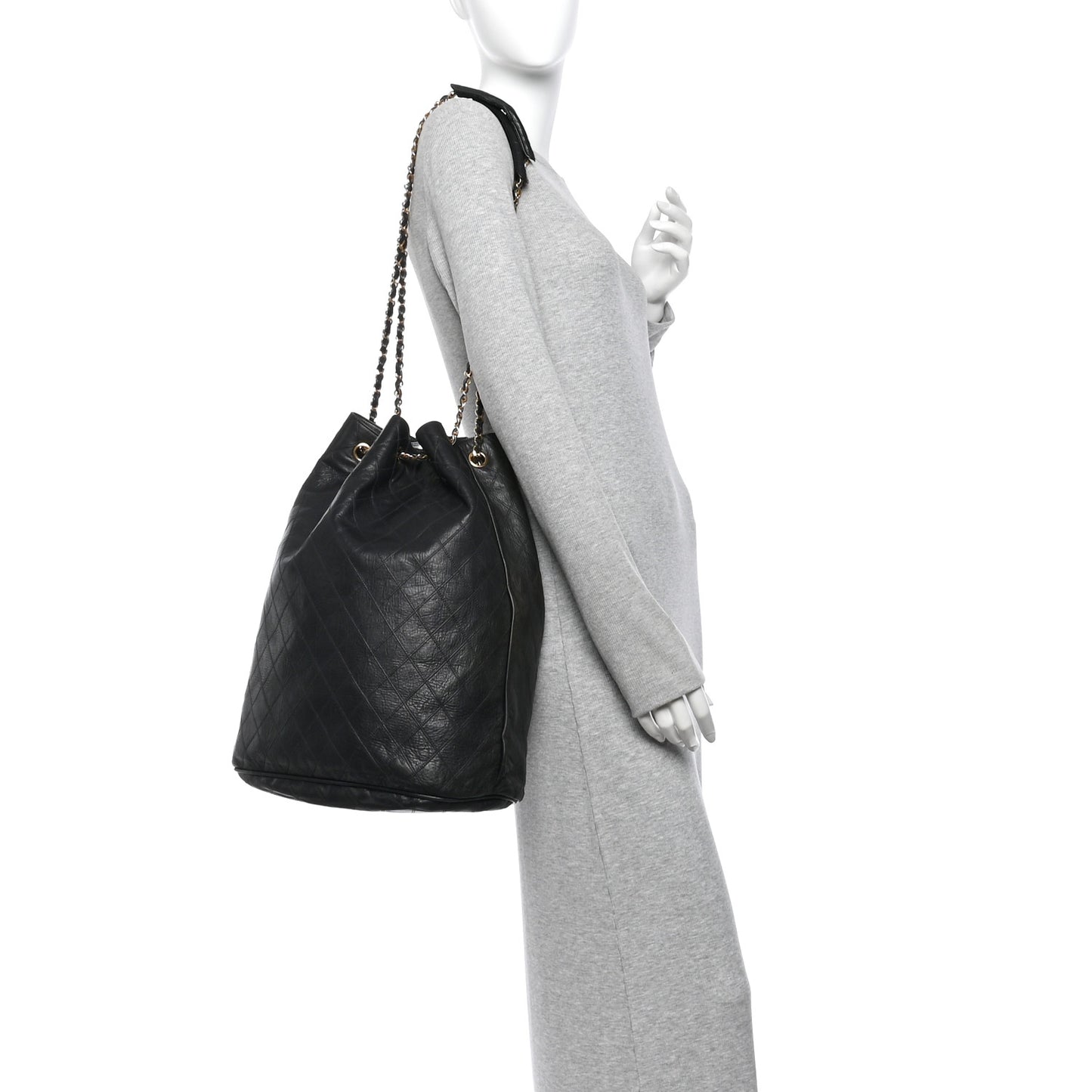 Lambskin Diamond Stitched Drawstring Shoulder Bag Black