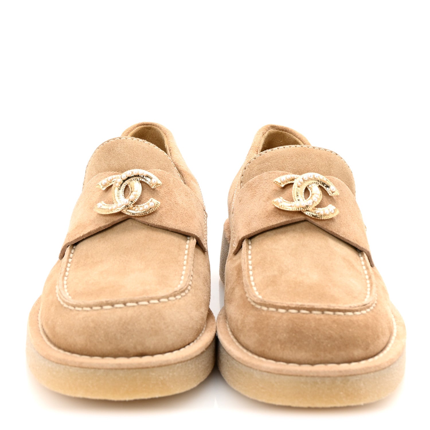 Chanel Suede Calfskin Pearl CC Moccasin Loafers 36.5 Dark Beige 3 of 10