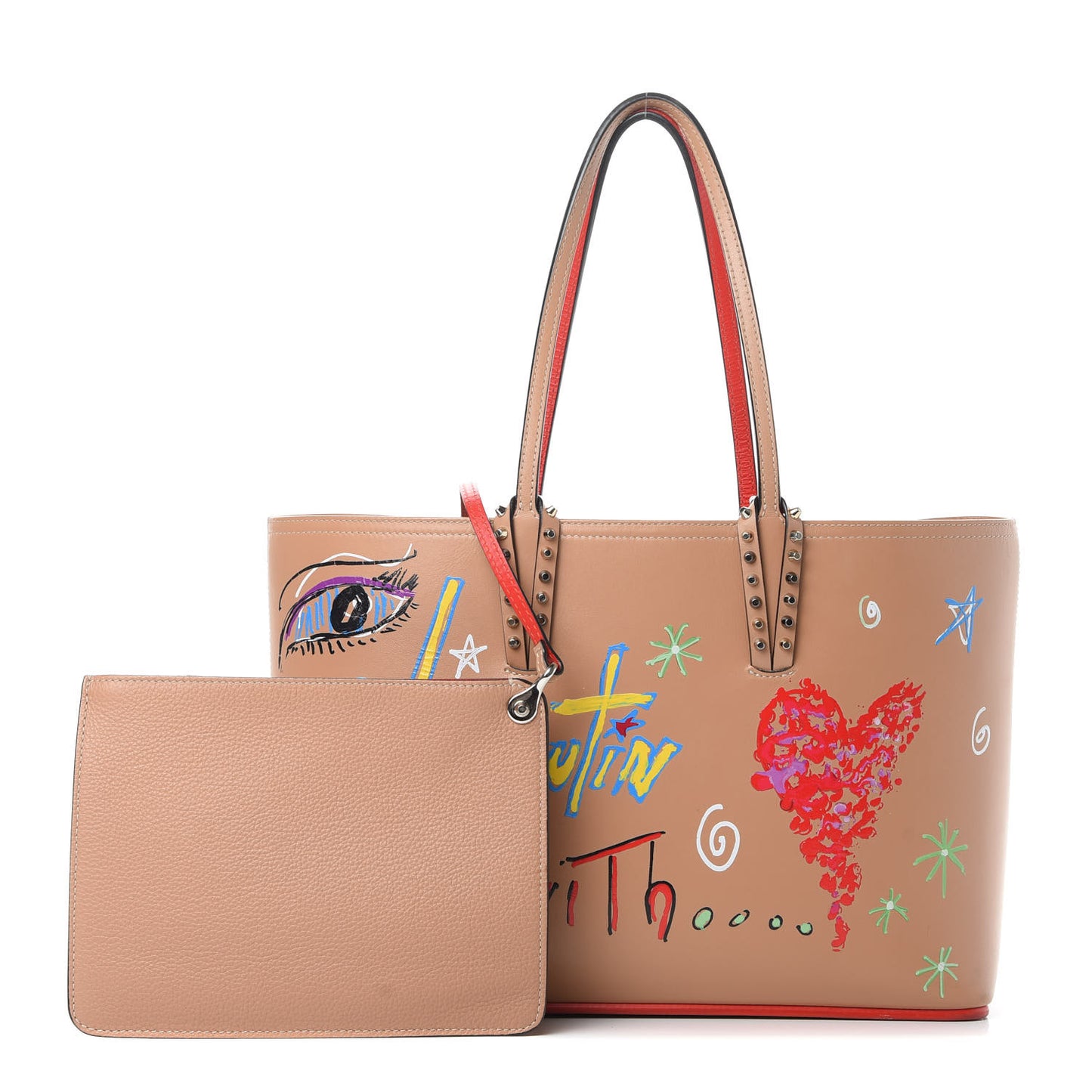 Calfskin Loubitag Spikes Small East West Cabata Tote Nude
