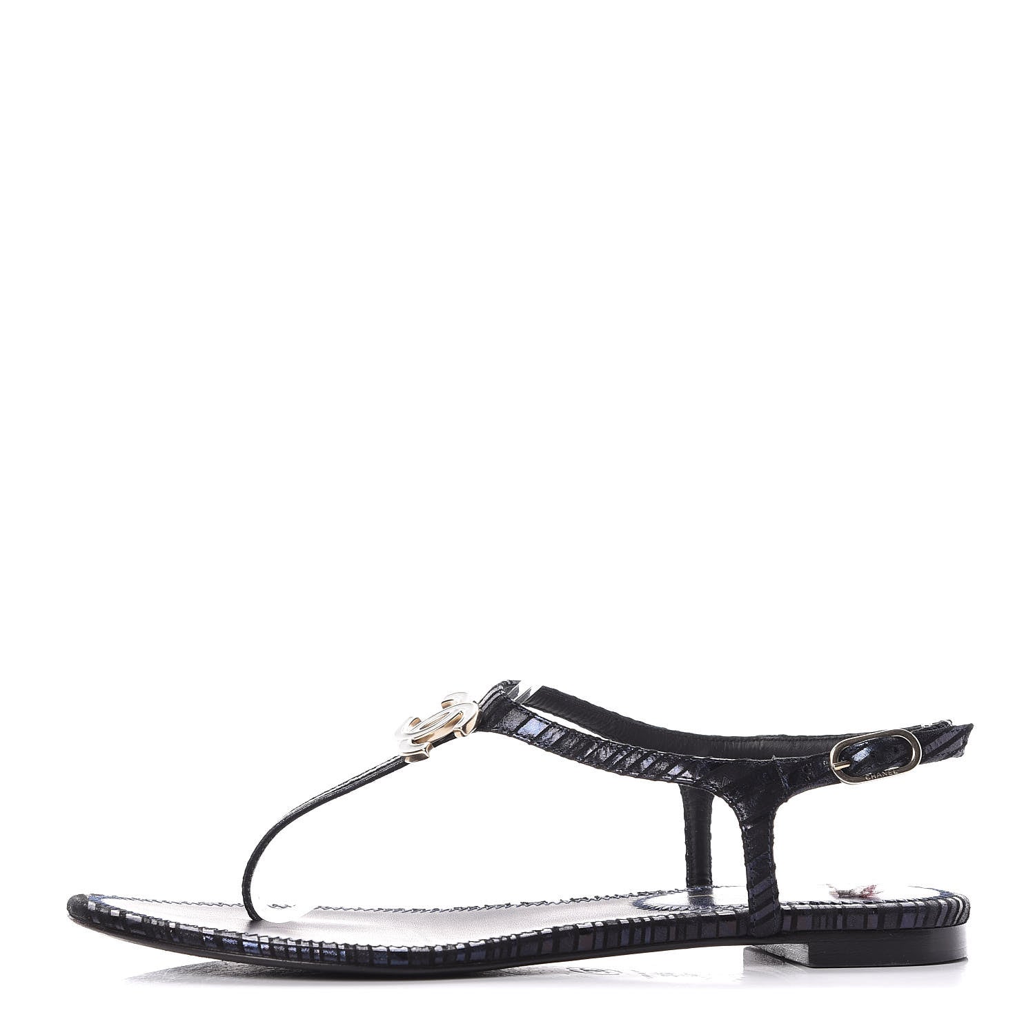 Chanel Fantasy Goatskin Suede CC Chain Thong Sandals 37 Navy Black 1 of 8