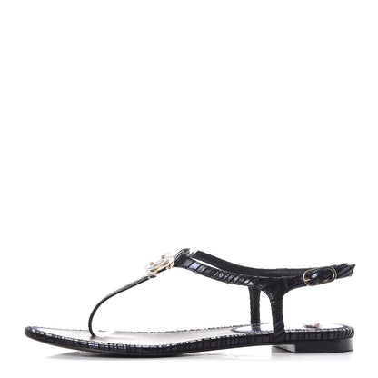 Chanel Fantasy Goatskin Suede CC Chain Thong Sandals 37 Navy Black 1 of 8