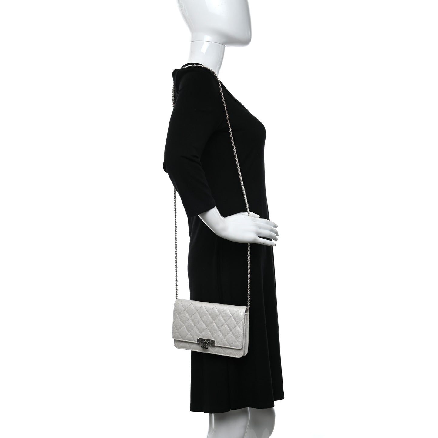 Iridescent Caviar Quilted Golden Class Wallet On Chain WOC White