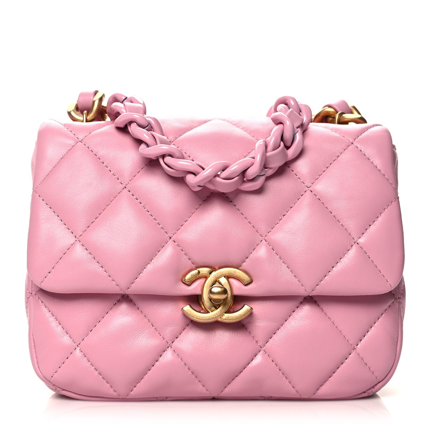 Lambskin Quilted Mini Lacquered Chain Flap Pink